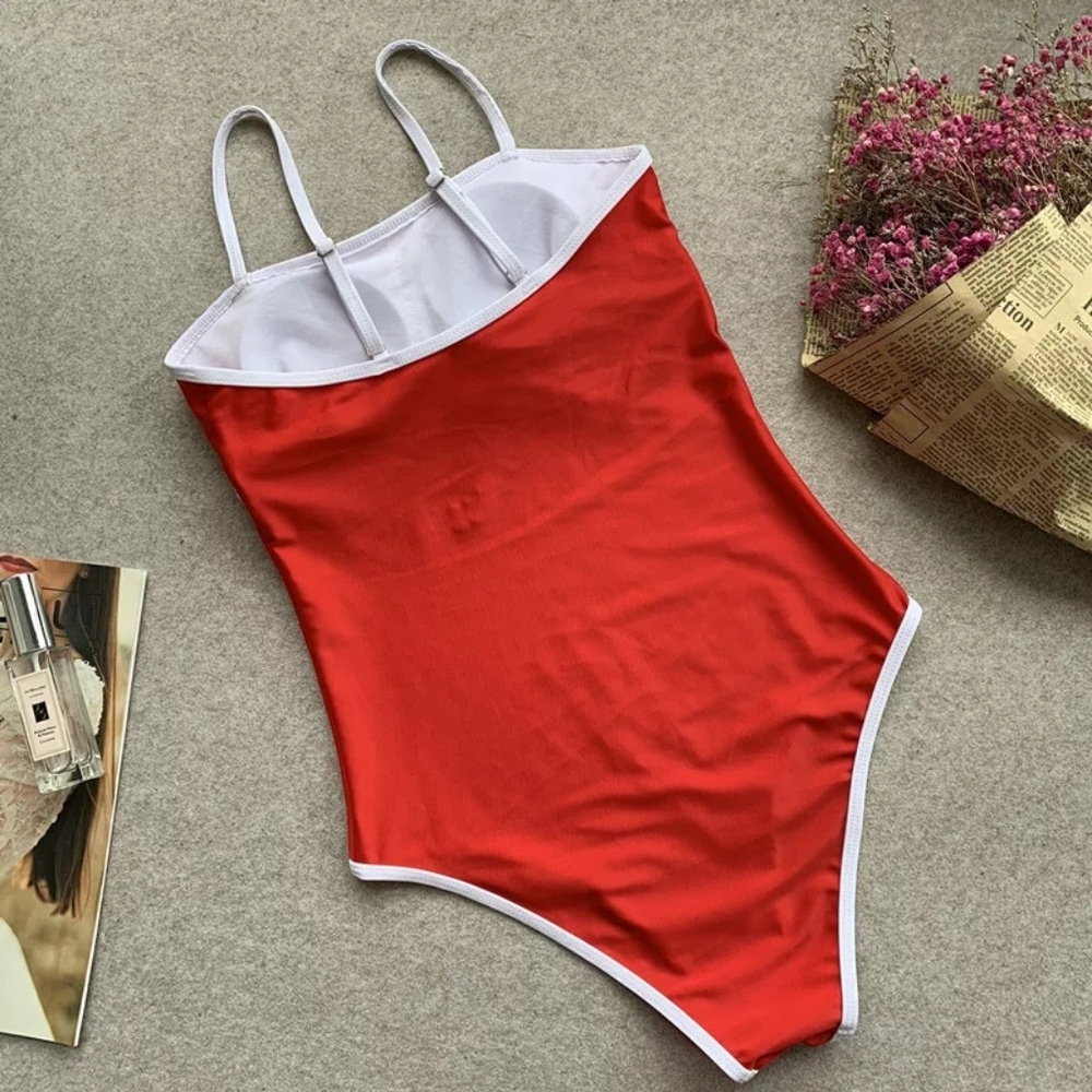 Sport Red with White Stripes Onepiece Swimsuit - Picture 4 of 7